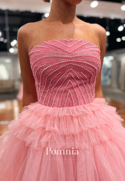 Blushing Pink Sleeveless Strapless Pearls Ruffles Prom Dress