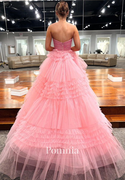 Blushing Pink Sleeveless Strapless Pearls Ruffles Prom Dress