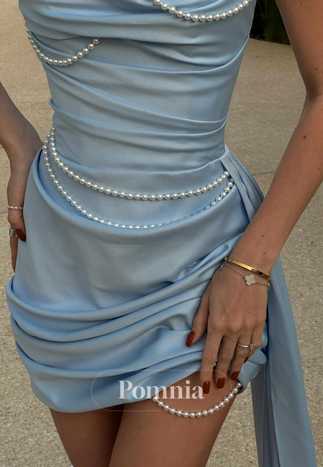 Sky Blue Strapless Sleeveless Ruched Mini Party Dress