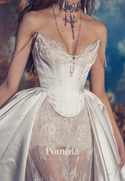 A-Line Sleeveless Strapless Lace-Up Back Detachable Train Wedding Dress