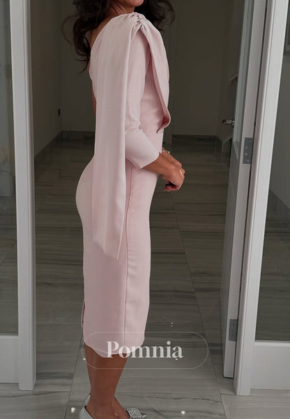 Blushing Pink One Shoulder Long Sleeves Ruched  Mother of the Bride Dress
