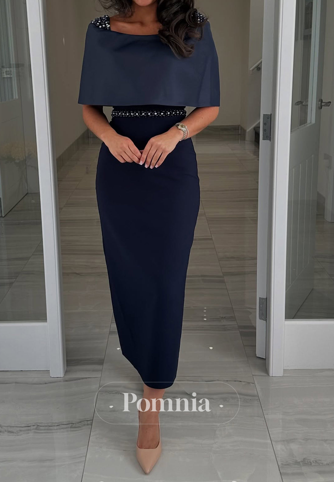 Dark Navy Short Sleeves Scoop Empire-Waist  Mother of the Bride Dress