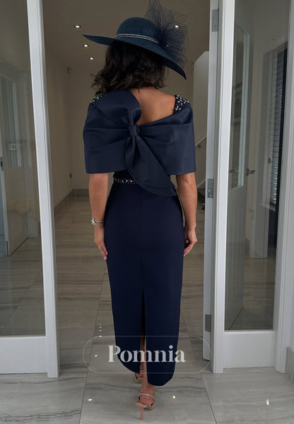 Dark Navy Short Sleeves Scoop Empire-Waist  Mother of the Bride Dress