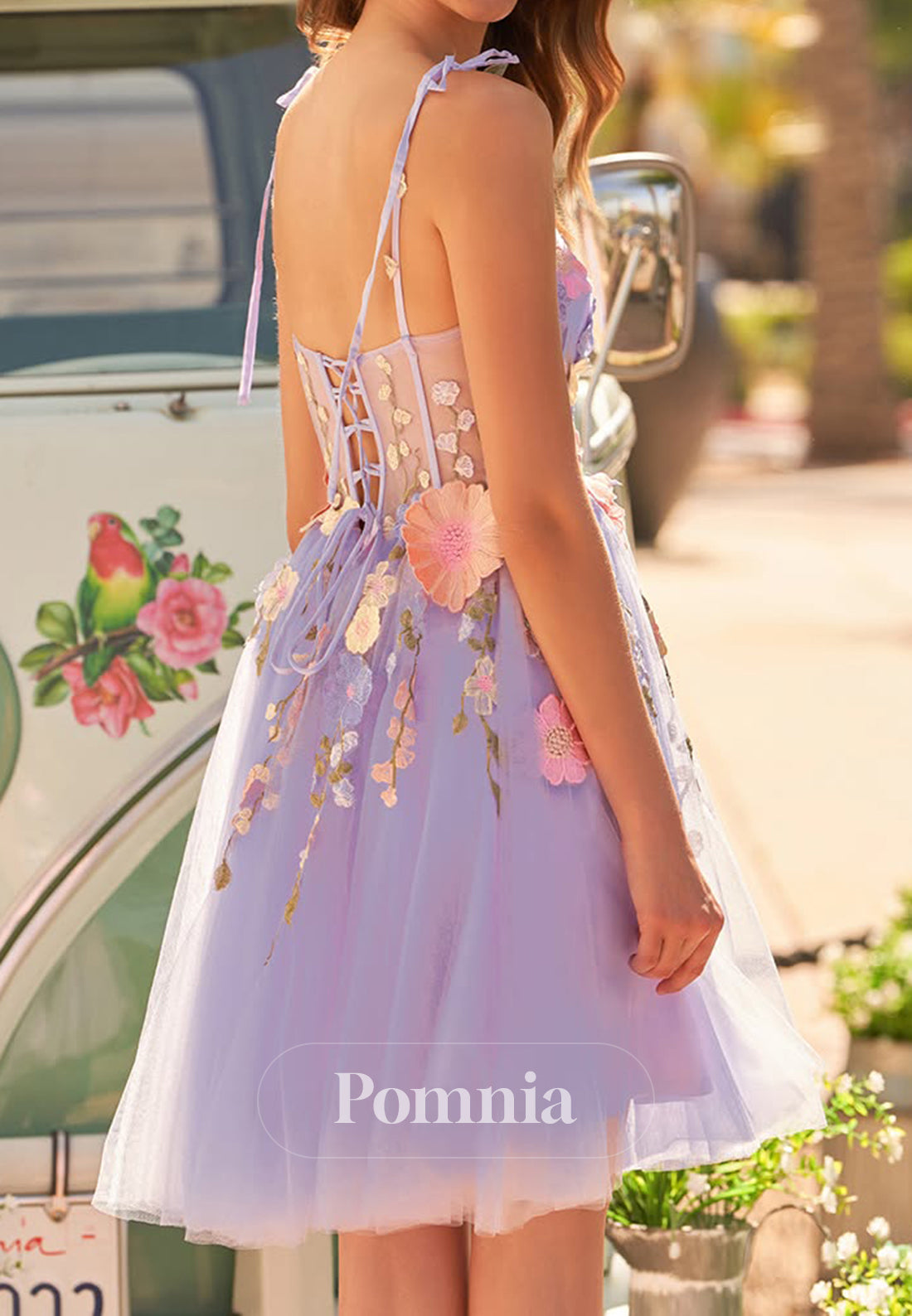 Lilac Spaghetti Straps Sweetheart Corset Appliques Homecoming Dress