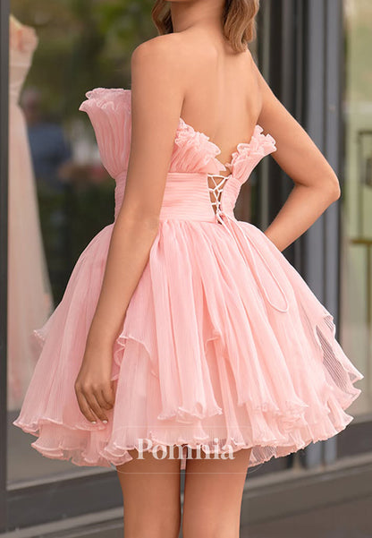 Blushing Pink Sleeveless Strapless Empire-Waist Homecoming Dress
