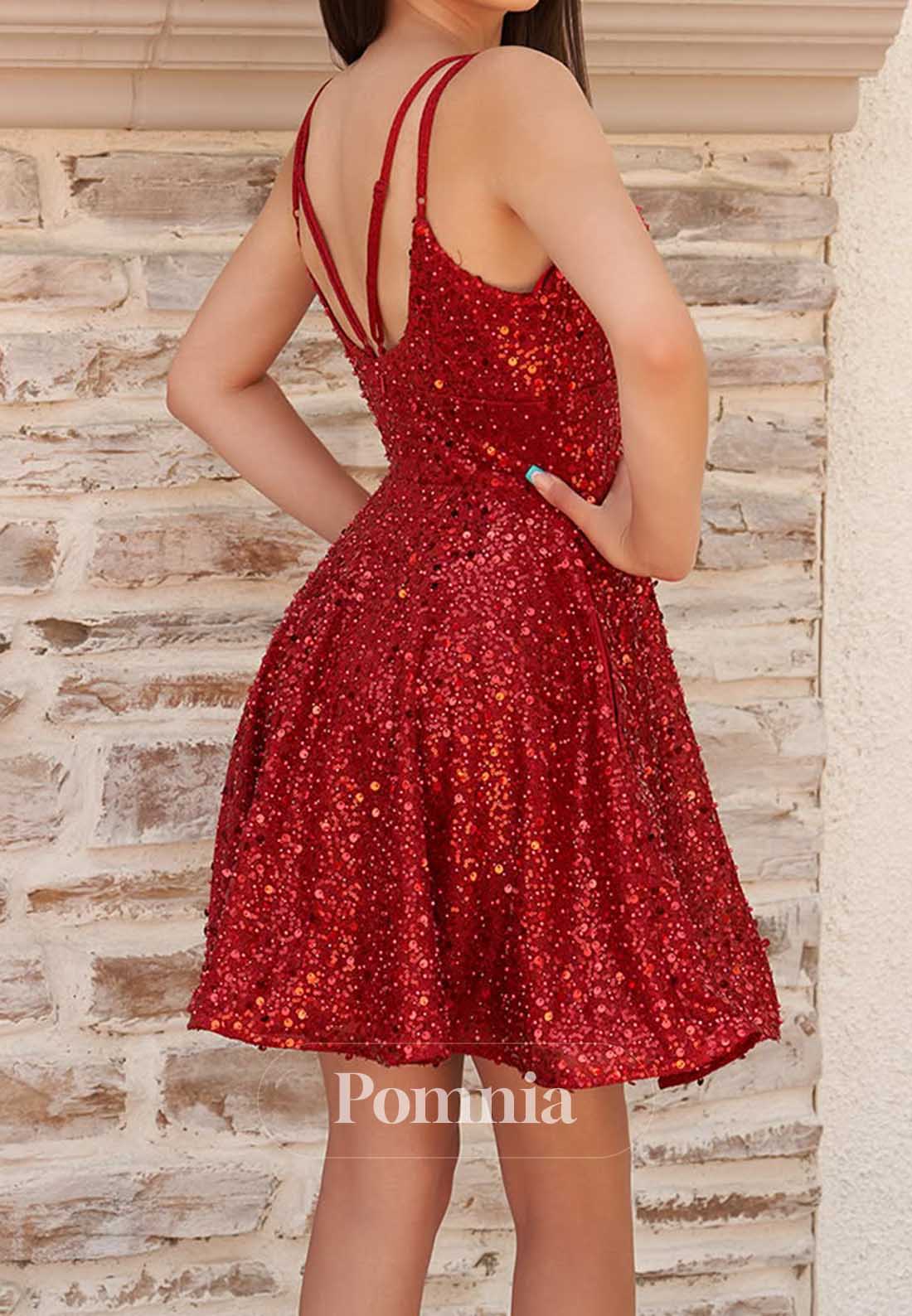 Red Spaghetti Straps V-Neck Sequins Homecoming Dress