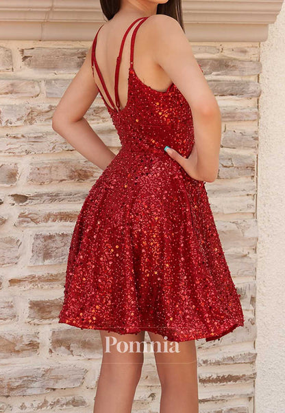 Red Spaghetti Straps V-Neck Sequins Homecoming Dress