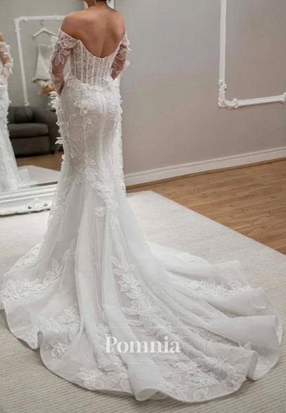 Charming Long Sleeves Off-Shoulder Corset Tulle Appliques Wedding Dress