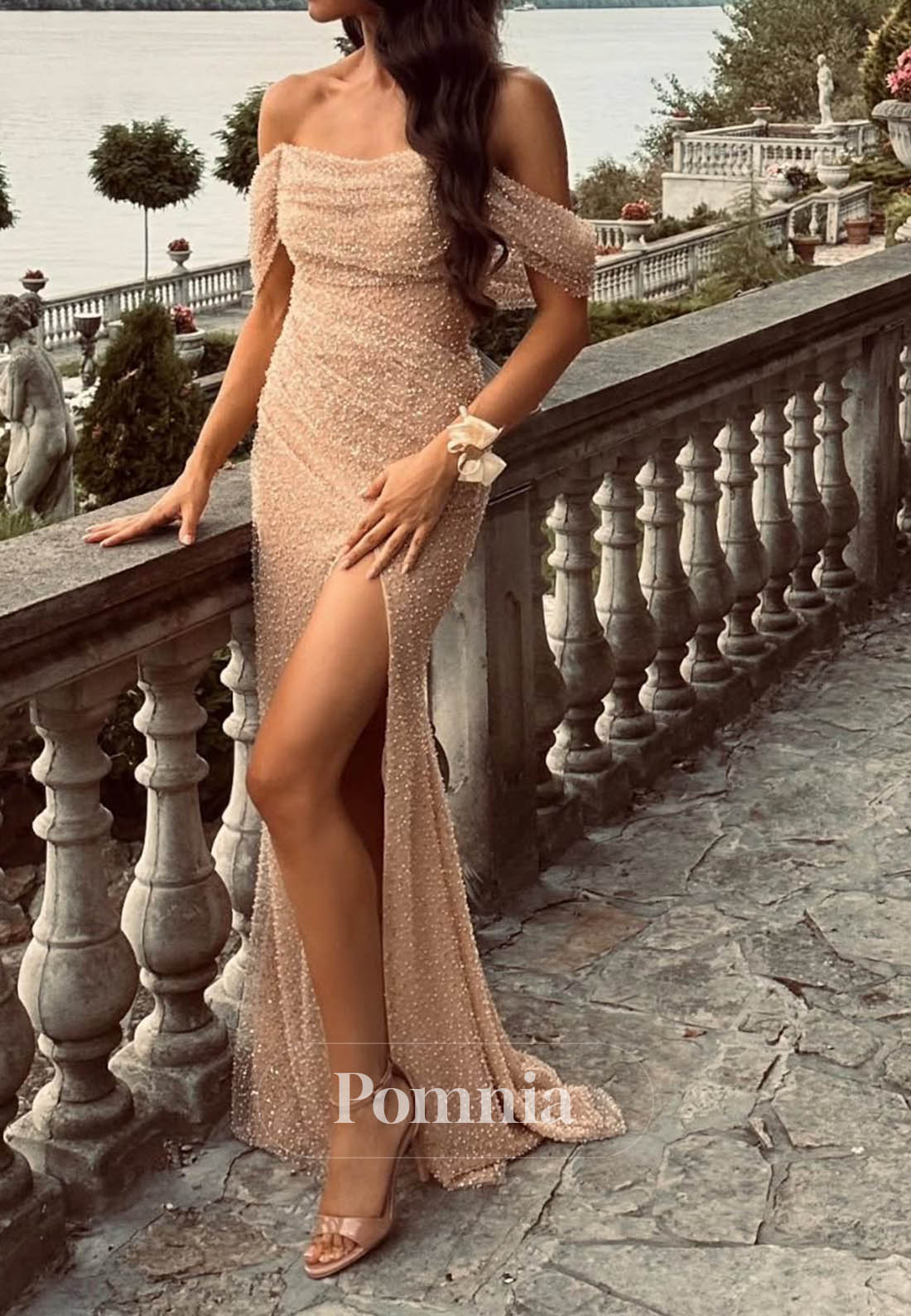 Sheath Off-Shoulder Sleeveless Slit Ruched Prom Dress