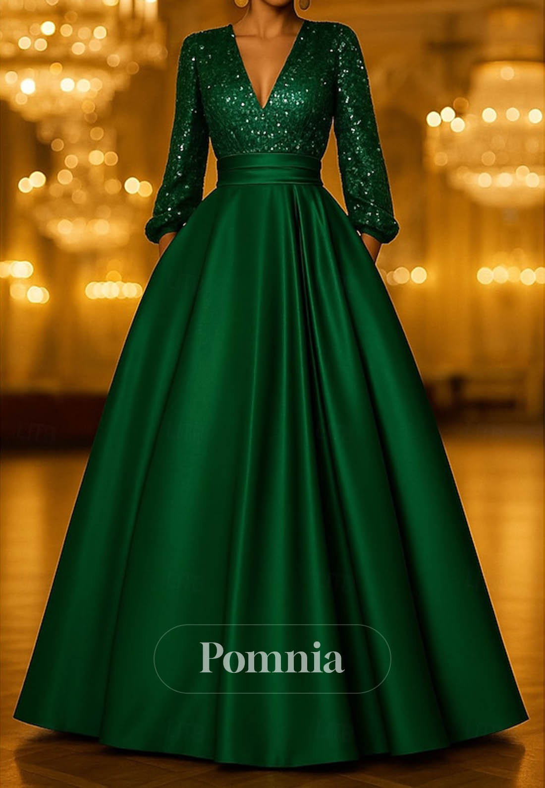 A-Line Floor Length Evening Gown Satin Sequined with Glitter Pleats Pocket