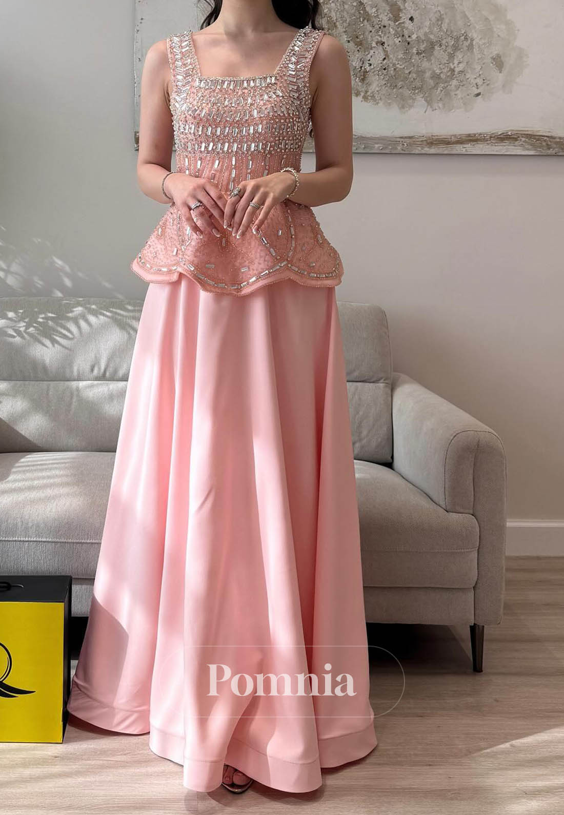 Blushing Pink Spaghetti Straps Square Sequins Prom Dress
