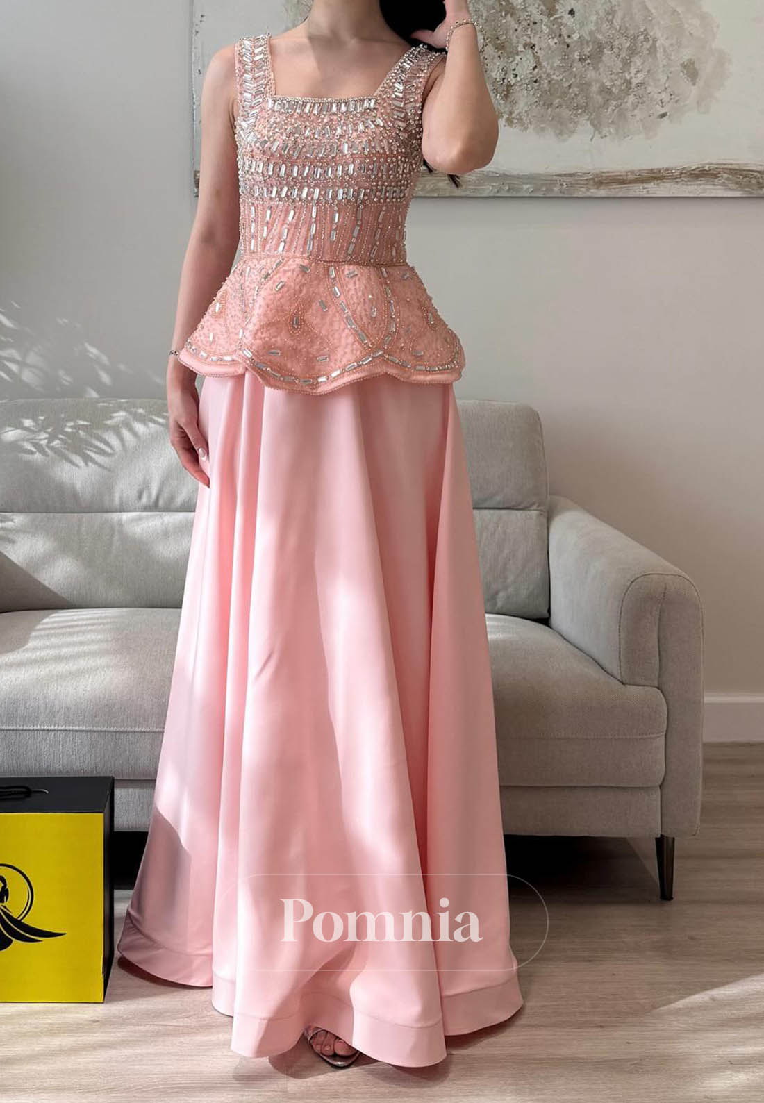 Blushing Pink Spaghetti Straps Square Sequins Prom Dress