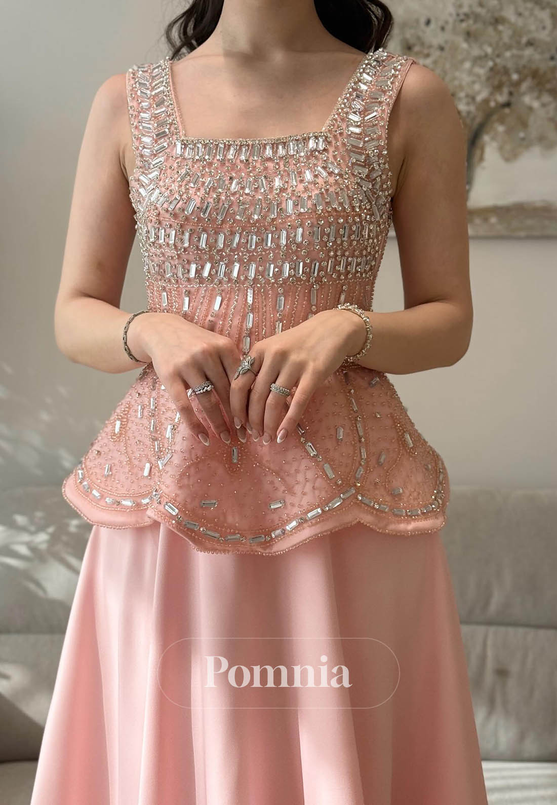 Blushing Pink Spaghetti Straps Square Sequins Prom Dress