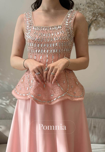 Blushing Pink Spaghetti Straps Square Sequins Prom Dress