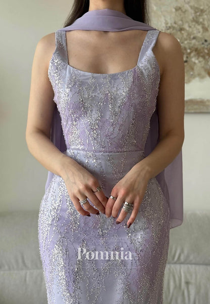 Lilac Spaghetti Straps Square Appliques Prom Dress