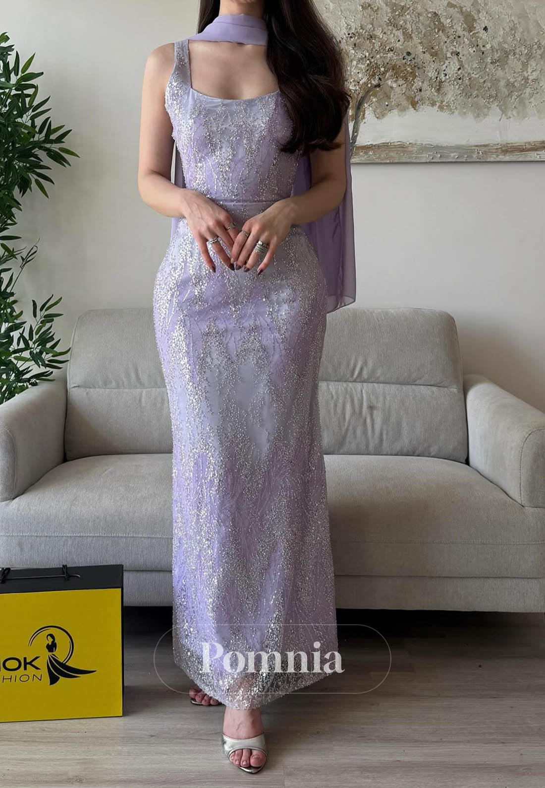 Lilac Spaghetti Straps Square Appliques Prom Dress