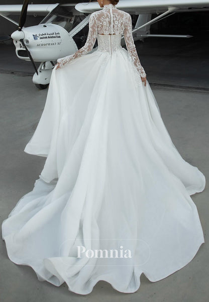 A-Line High Neck Long Sleeves Floral Appliques Wedding Dress