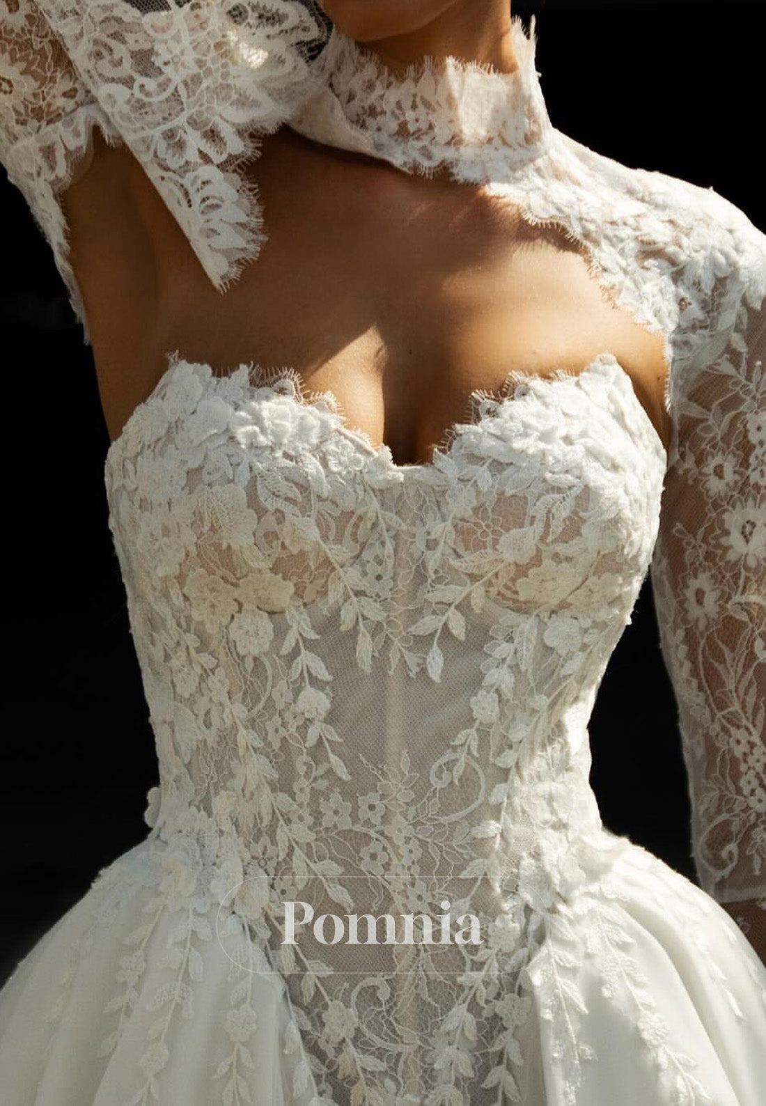 A-Line High Neck Long Sleeves Floral Appliques Wedding Dress