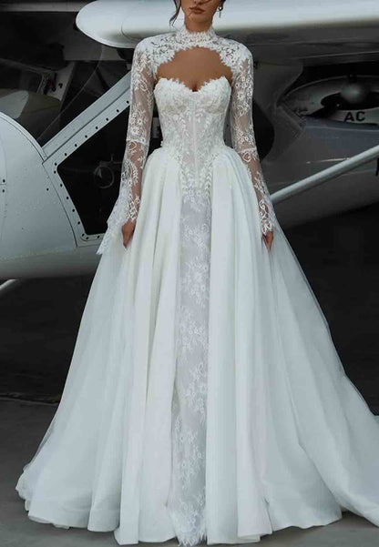 Long Sleeves Lace Chapel Train A-Line Sweetheart Empire Wedding Dresses