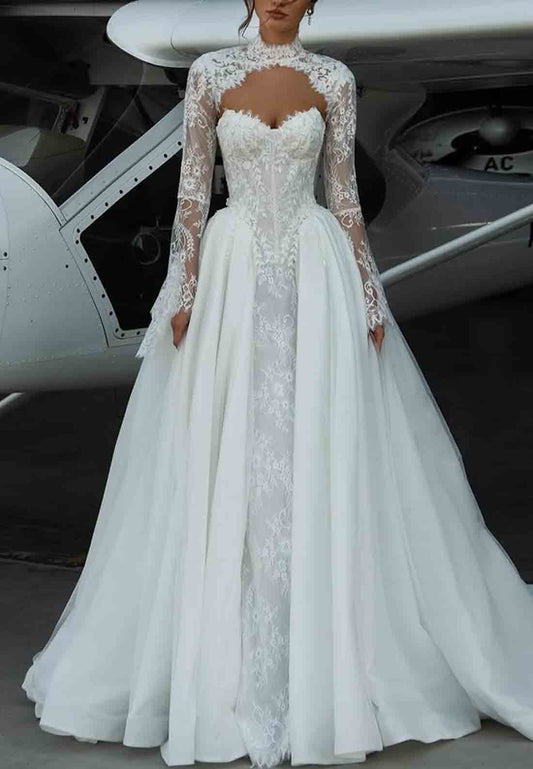 Long Sleeves Lace Chapel Train A-Line Sweetheart Empire Wedding Dresses