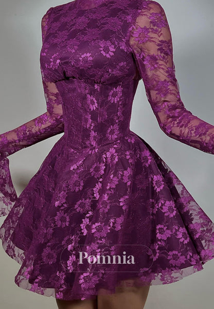 Orchid Long Sleeves High Neck A-Line Lace Homecoming Dress