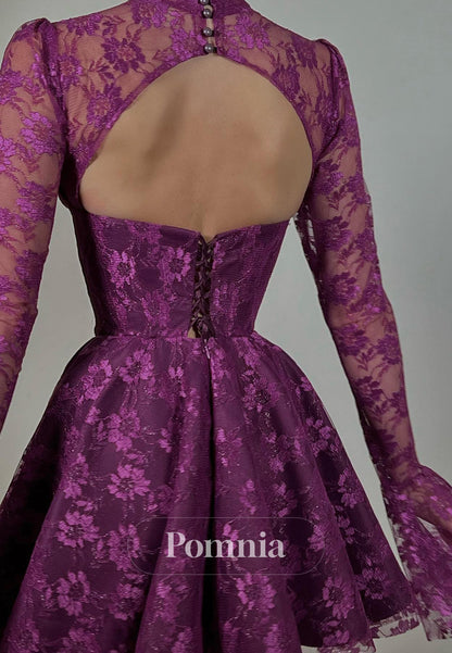 Orchid Long Sleeves High Neck A-Line Lace Homecoming Dress