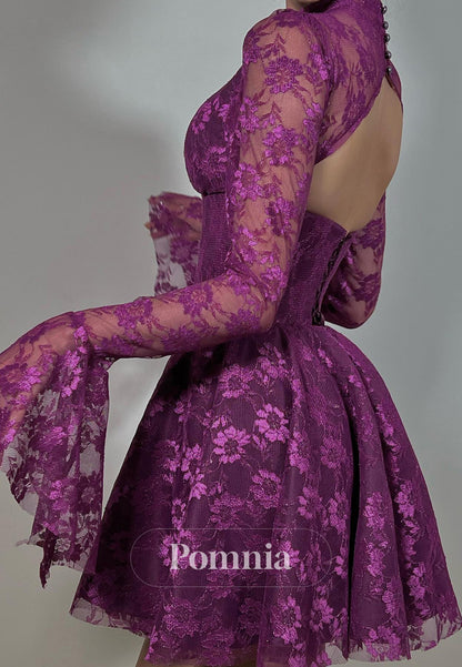 Orchid Long Sleeves High Neck A-Line Lace Homecoming Dress