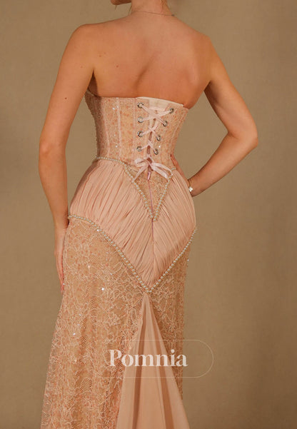 Rose Petal Sleeveless Strapless Slit Lace Evening Dress