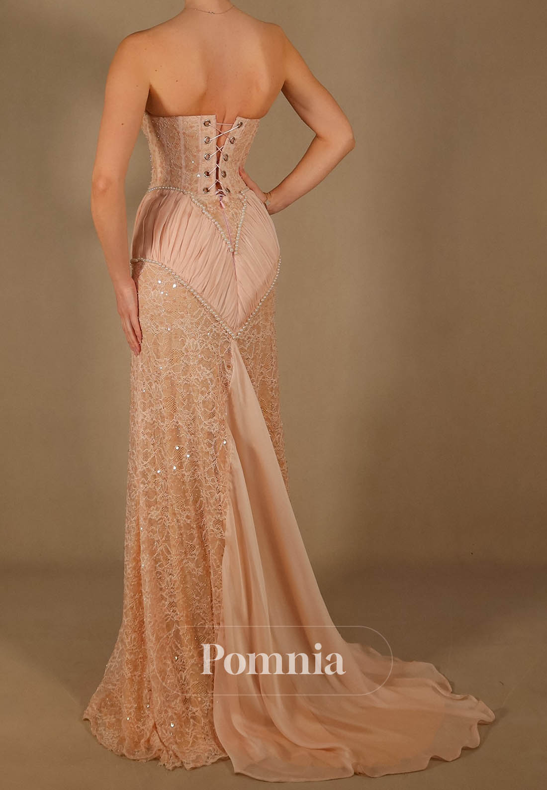 Rose Petal Sleeveless Strapless Slit Lace Evening Dress