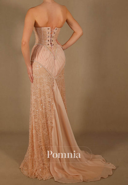 Rose Petal Sleeveless Strapless Slit Lace Evening Dress