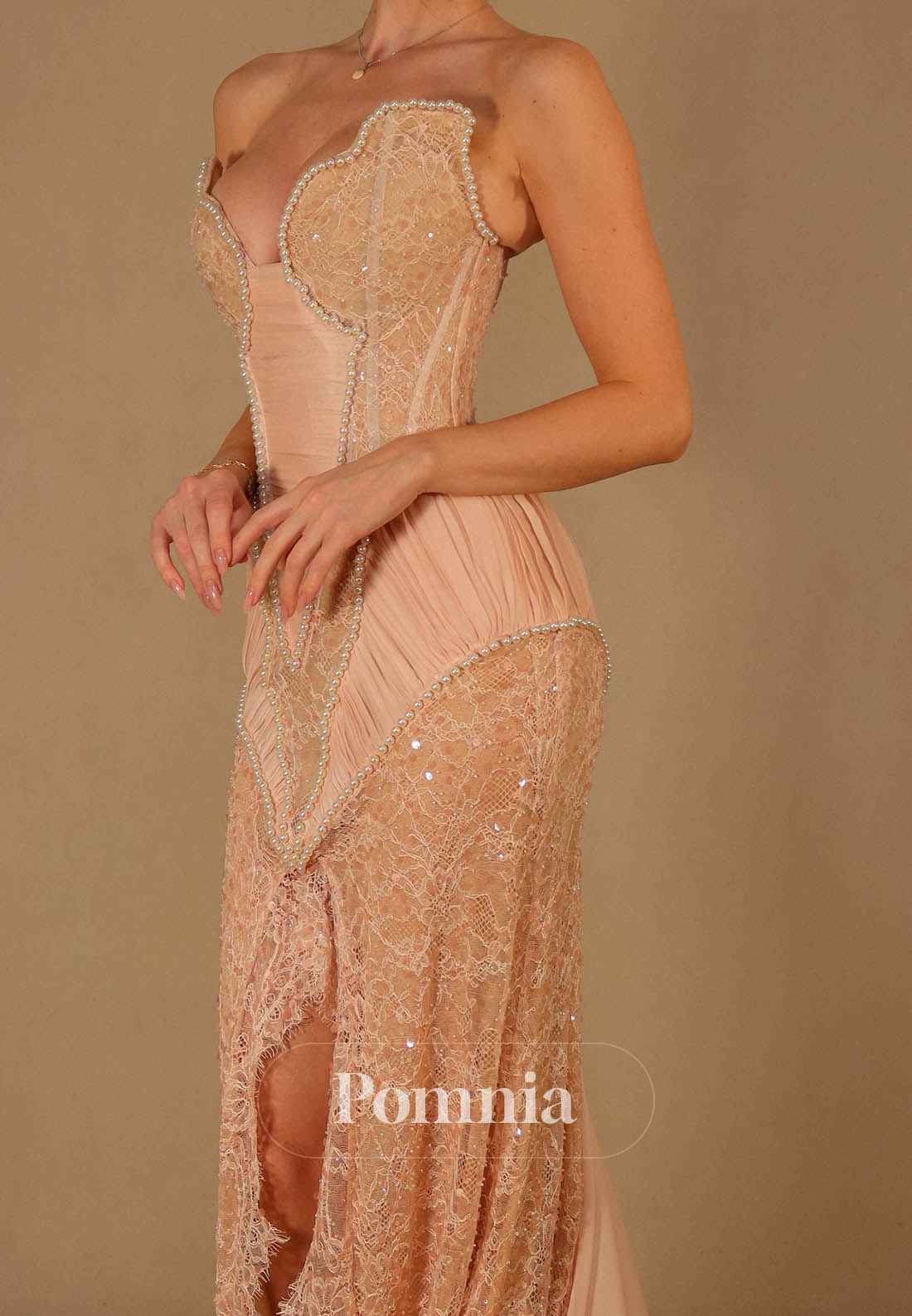 Rose Petal Sleeveless Strapless Slit Lace Evening Dress