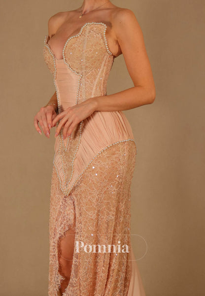 Rose Petal Sleeveless Strapless Slit Lace Evening Dress