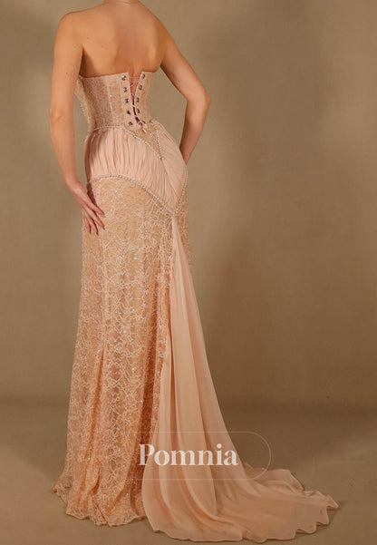 Rose Petal Sleeveless Strapless Slit Lace Evening Dress