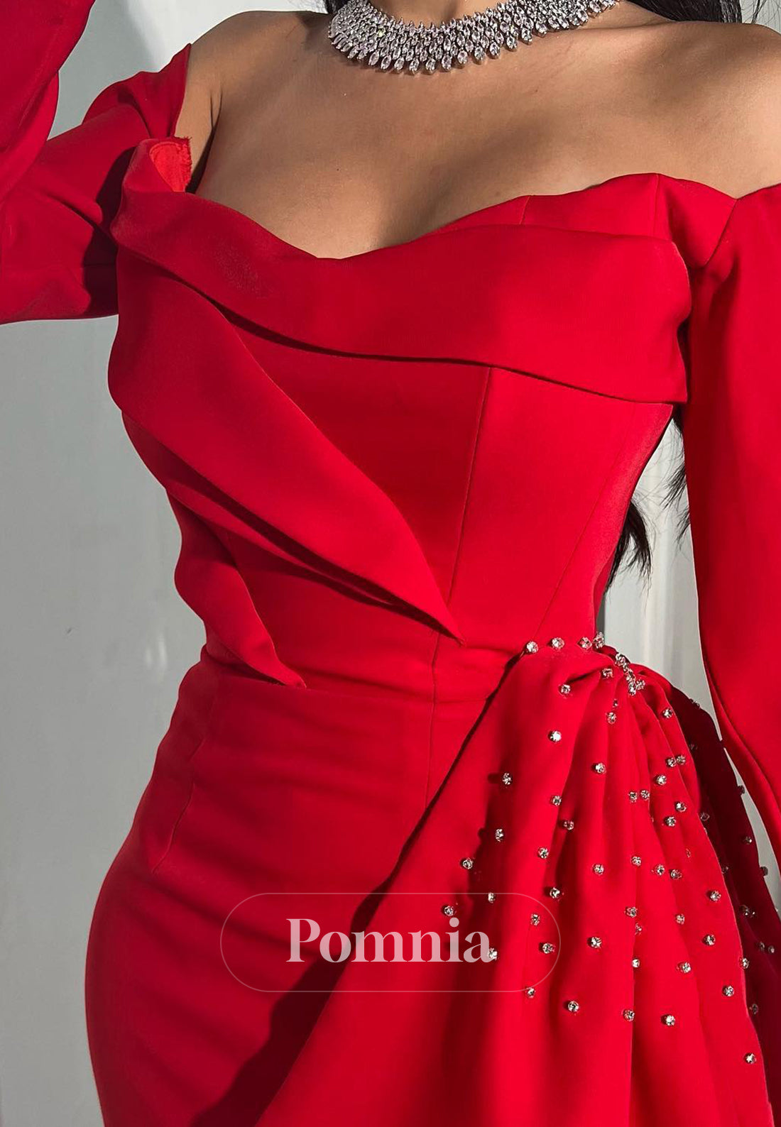 Red Long Sleeves Off-Shoulder Floor-Length Evening Dress