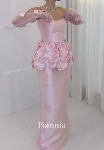 Blushing Pink Sleeveless Strapless Floral Appliques Prom Dress