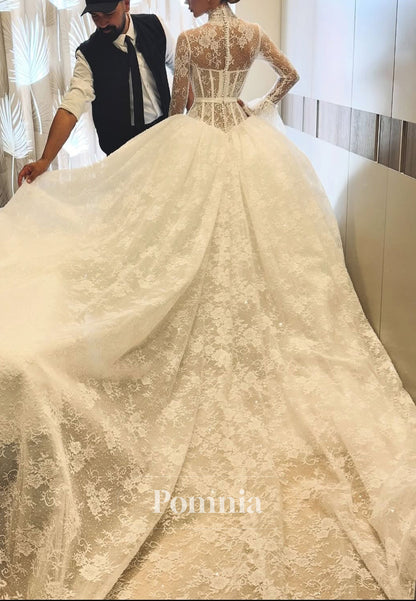 Elegant Long Sleeves High Neck Corset Tulle A-Line Wedding Dress