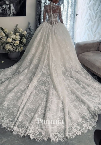 Elegant Long Sleeves High Neck Corset Tulle A-Line Wedding Dress