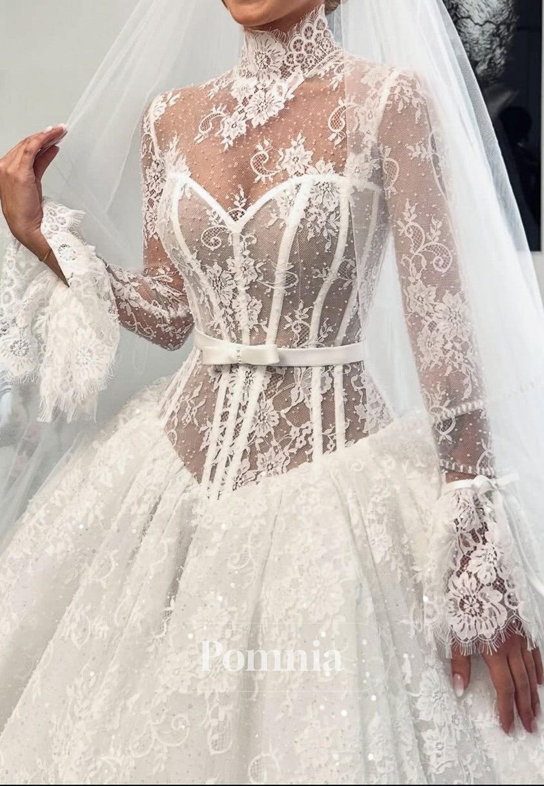 Elegant Long Sleeves High Neck Corset Tulle A-Line Wedding Dress