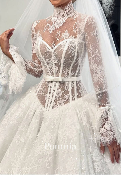 Elegant Long Sleeves High Neck Corset Tulle A-Line Wedding Dress