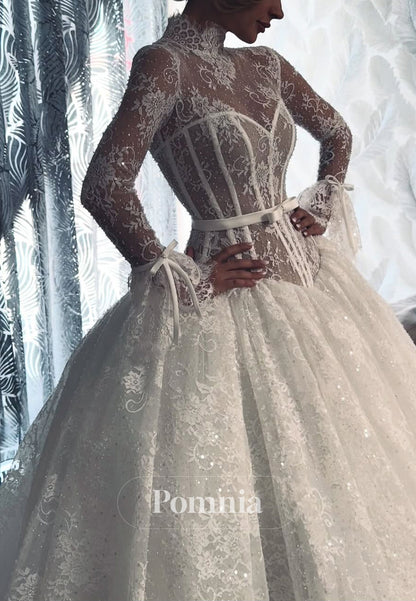 Elegant Long Sleeves High Neck Corset Tulle A-Line Wedding Dress