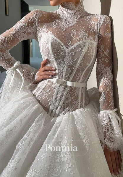 Elegant Long Sleeves High Neck Corset Tulle A-Line Wedding Dress