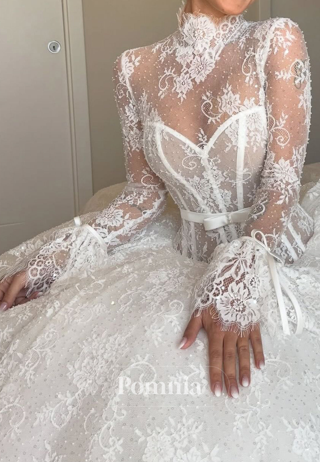 Elegant Long Sleeves High Neck Corset Tulle A-Line Wedding Dress