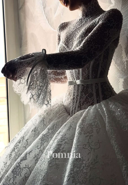 Elegant Long Sleeves High Neck Corset Tulle A-Line Wedding Dress