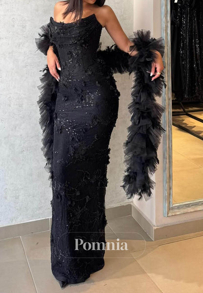 Black Sleeveless Strapless Appliques A-Line Prom Dress