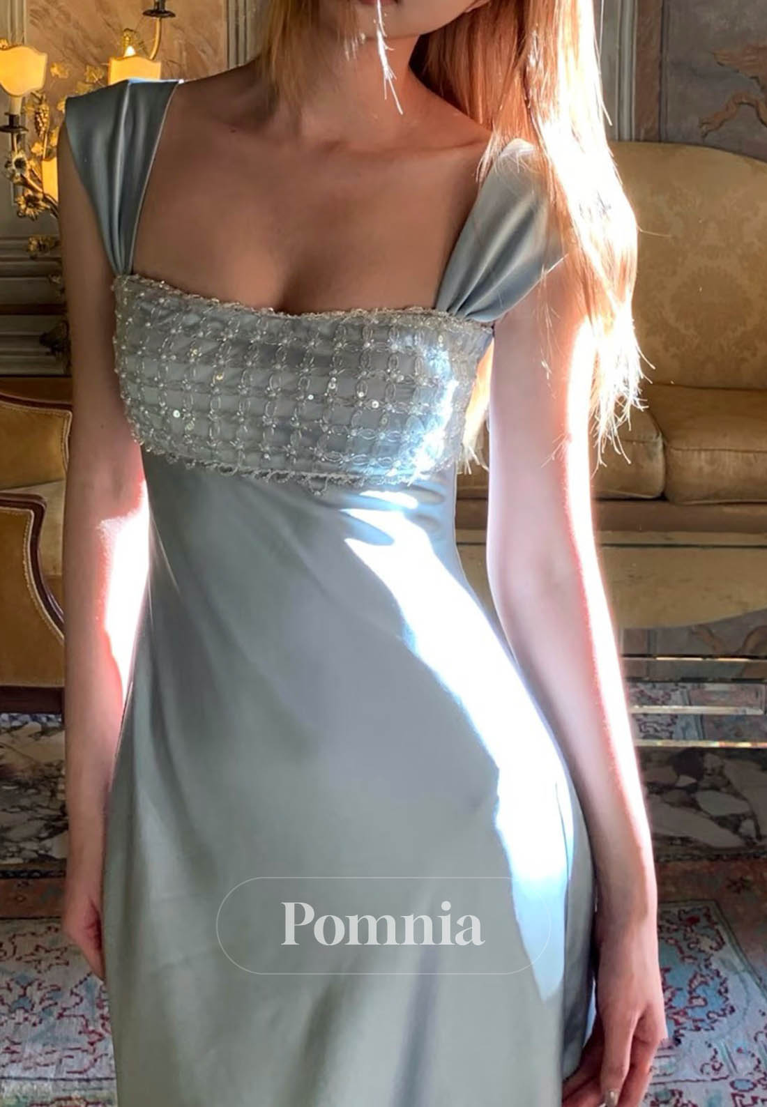 Sky Blue Spaghetti Straps Scoop A-Line Prom Dress