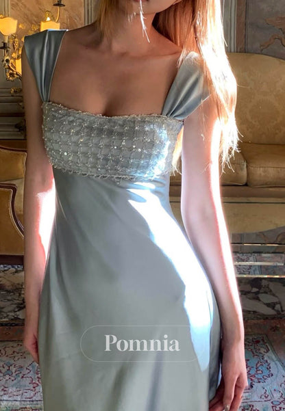 Sky Blue Spaghetti Straps Scoop A-Line Prom Dress