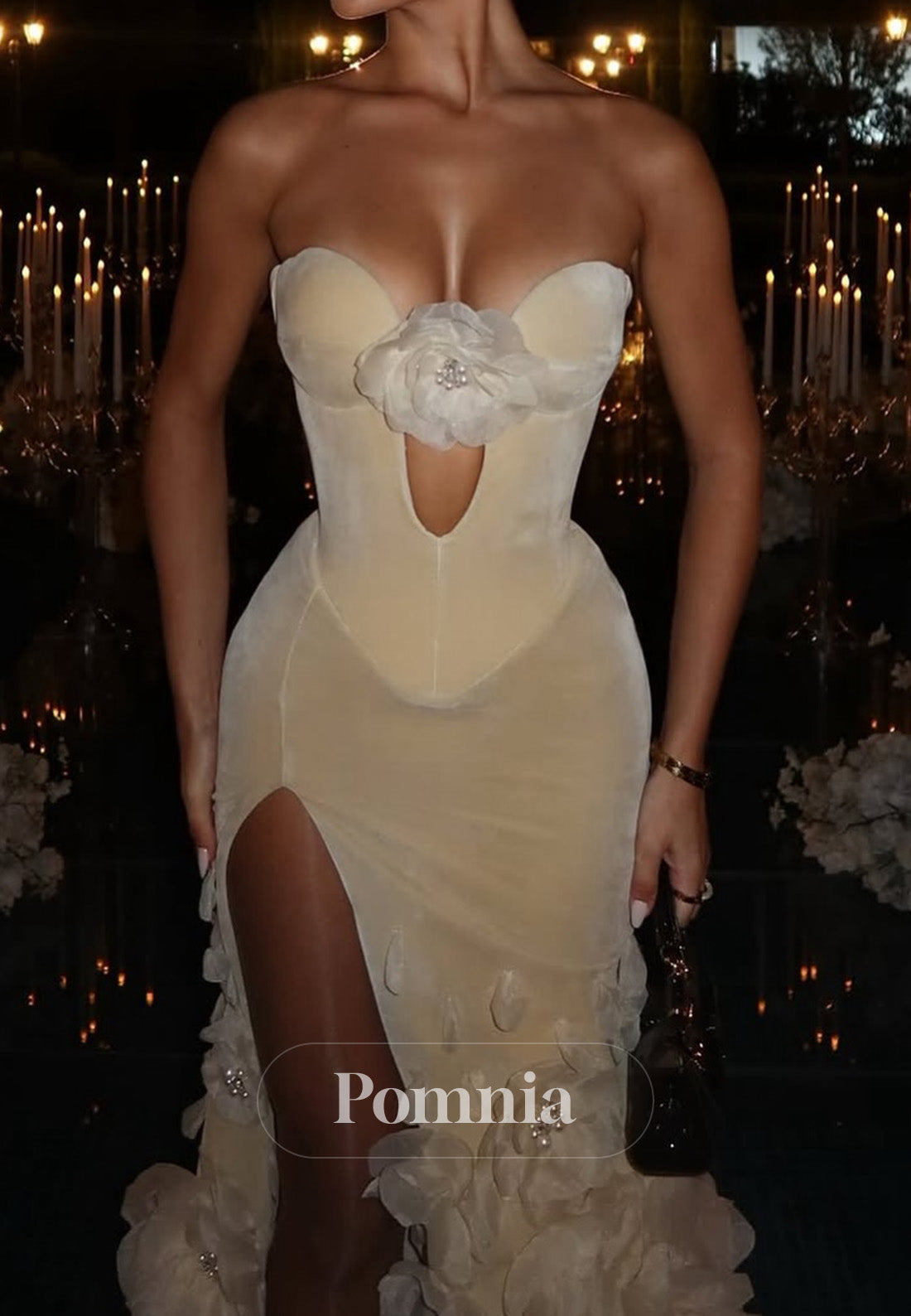 Simple Sleeveless Sweetheart Floral Appliques Slit Prom Dress