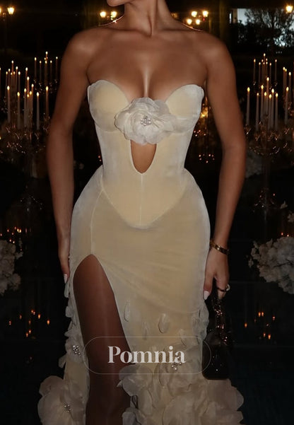 Simple Sleeveless Sweetheart Floral Appliques Slit Prom Dress