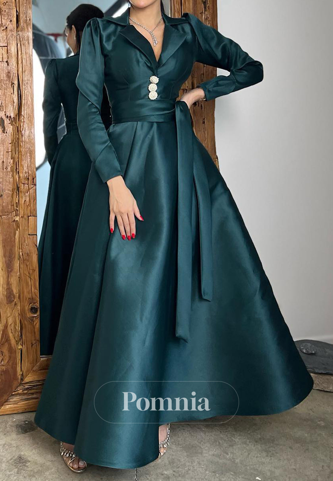 Peacock Long Sleeves V-Neck A-Line Evening Dress