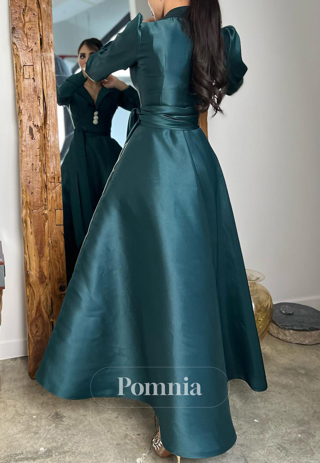 Peacock Long Sleeves V-Neck A-Line Evening Dress